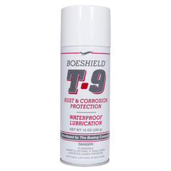 Boeshield T-9 bottle applying a protective wax film to metal surfaces, reducing rust risk.