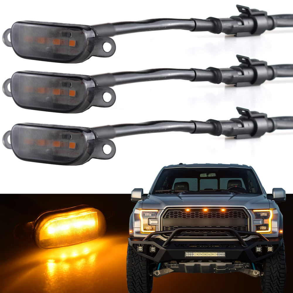 Boigoo amber LED front grille light on Ford F-150 Raptor-style grille improves nighttime visibility