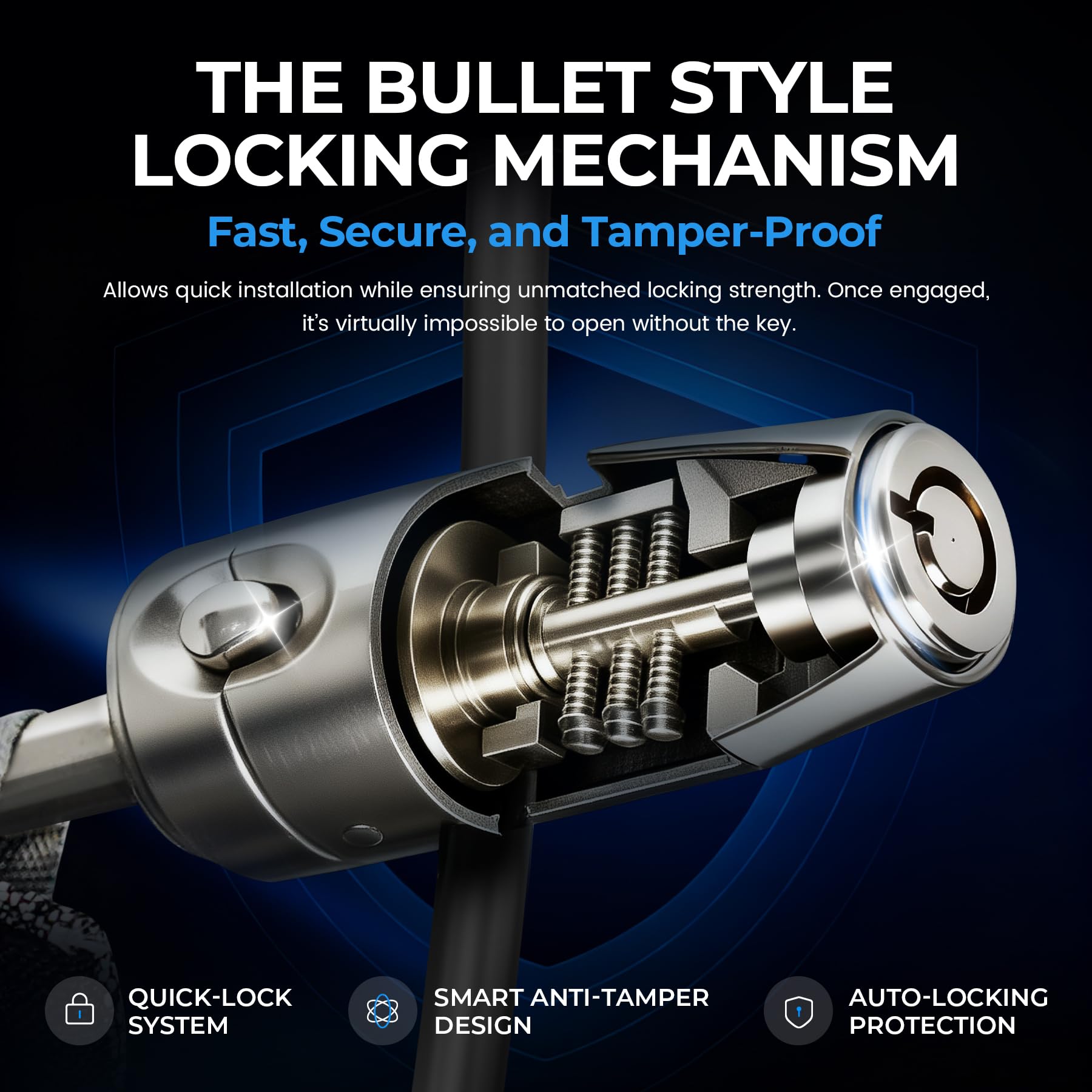 Boildut bullet-lock system with steel cable secures mirrors.