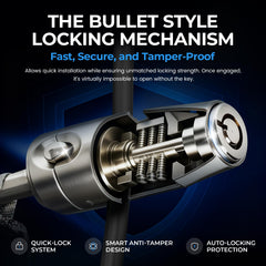 Boildut bullet-lock system with steel cable secures mirrors.
