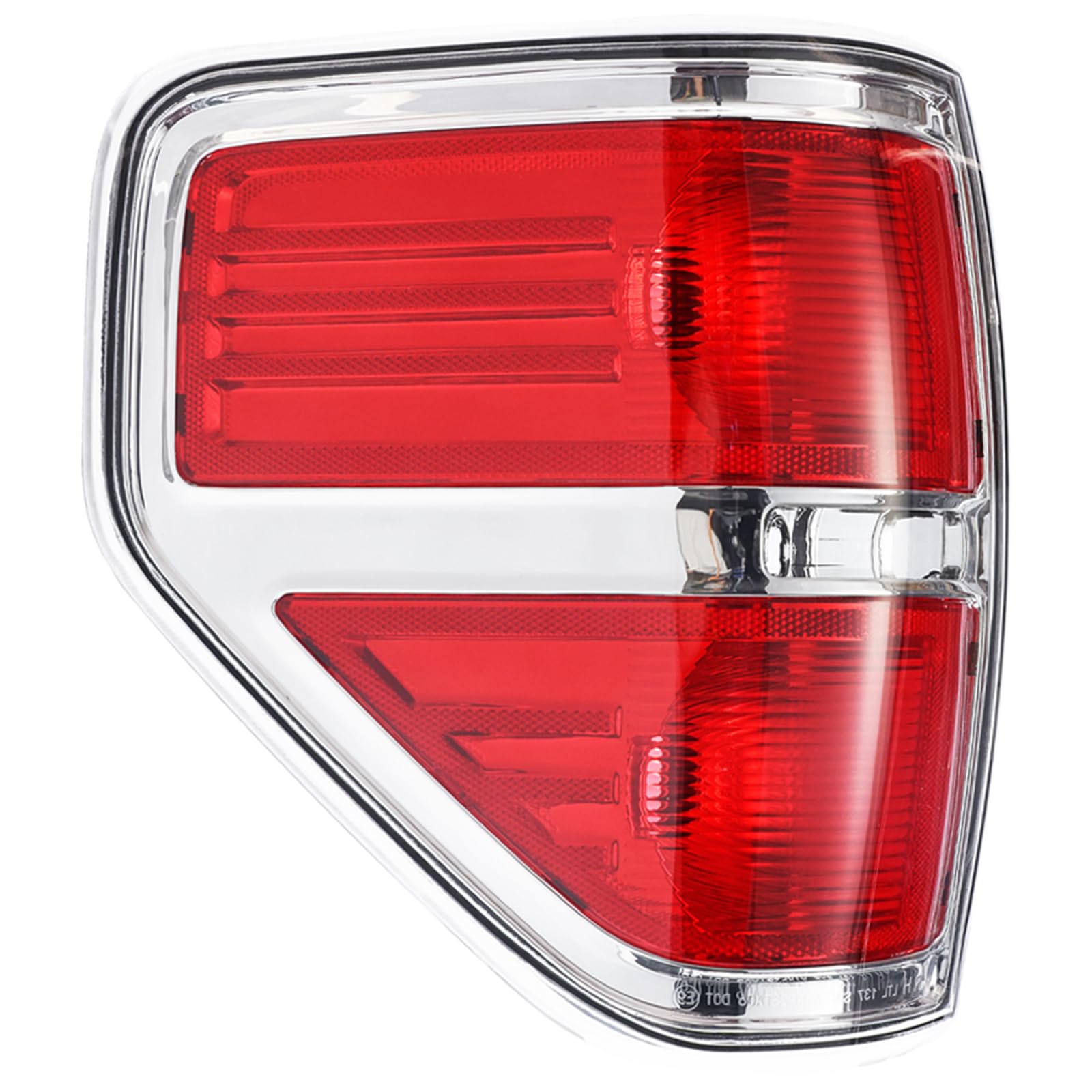 Boine left driver side tail light housing with chrome trim enhances rear visibility.