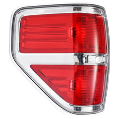 Boine left driver side tail light housing with chrome trim enhances rear visibility.