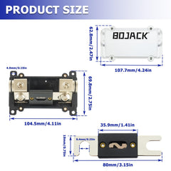 BOJACK inline fuse holder displaying the included 300A ANL fuse ready for installation.