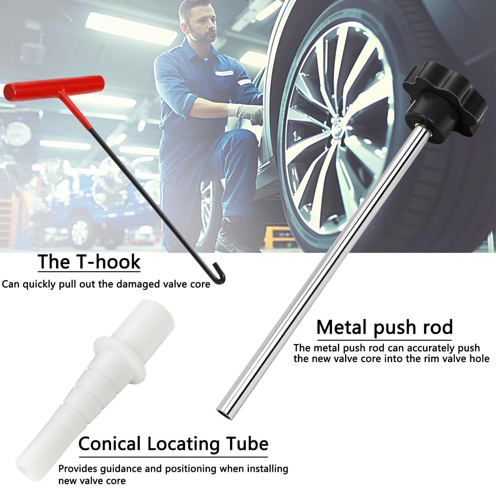 BOJIAN T-hook tool for quick valve core removal on wheels.