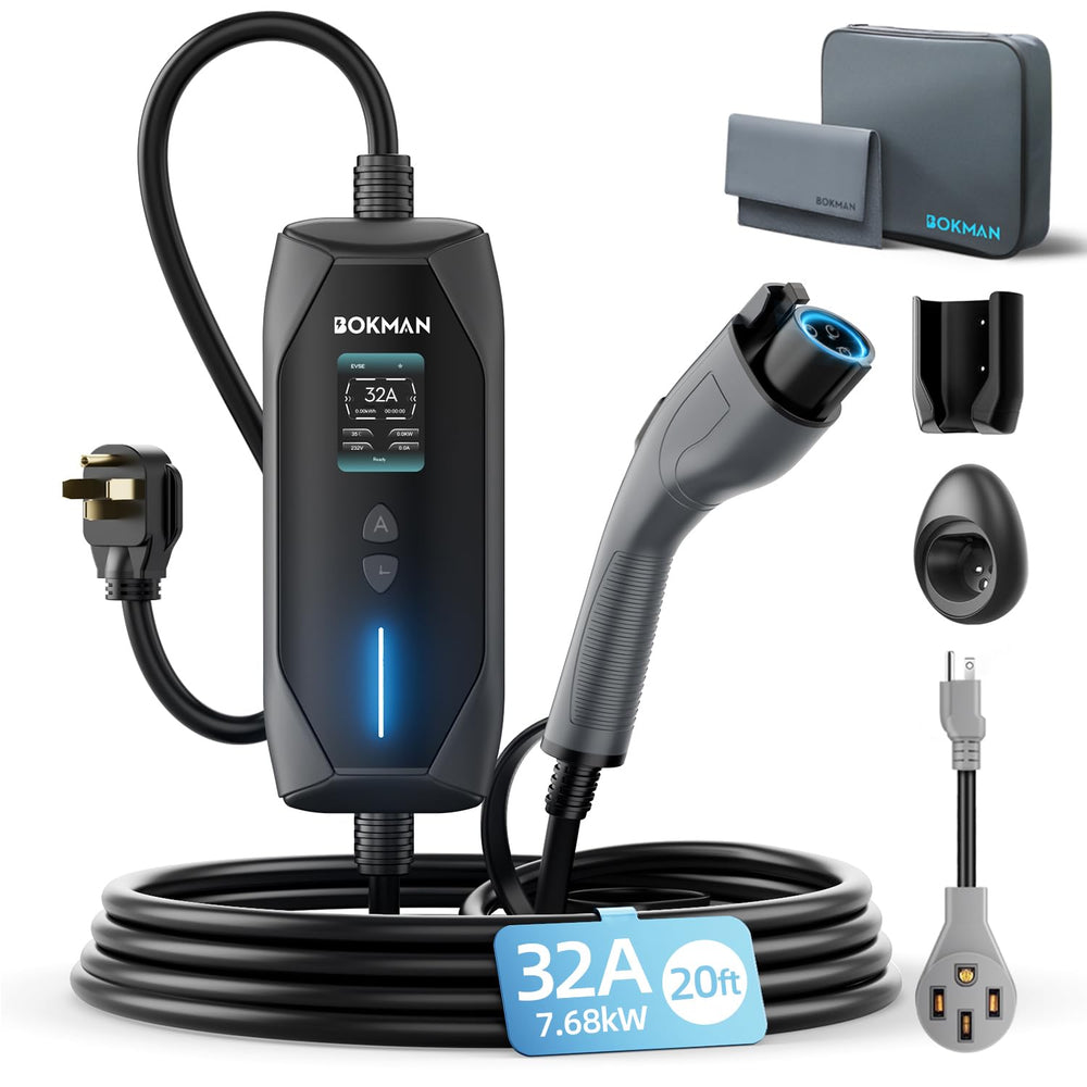 Bokman portable EV charger with a 20ft cable for flexible home charging.