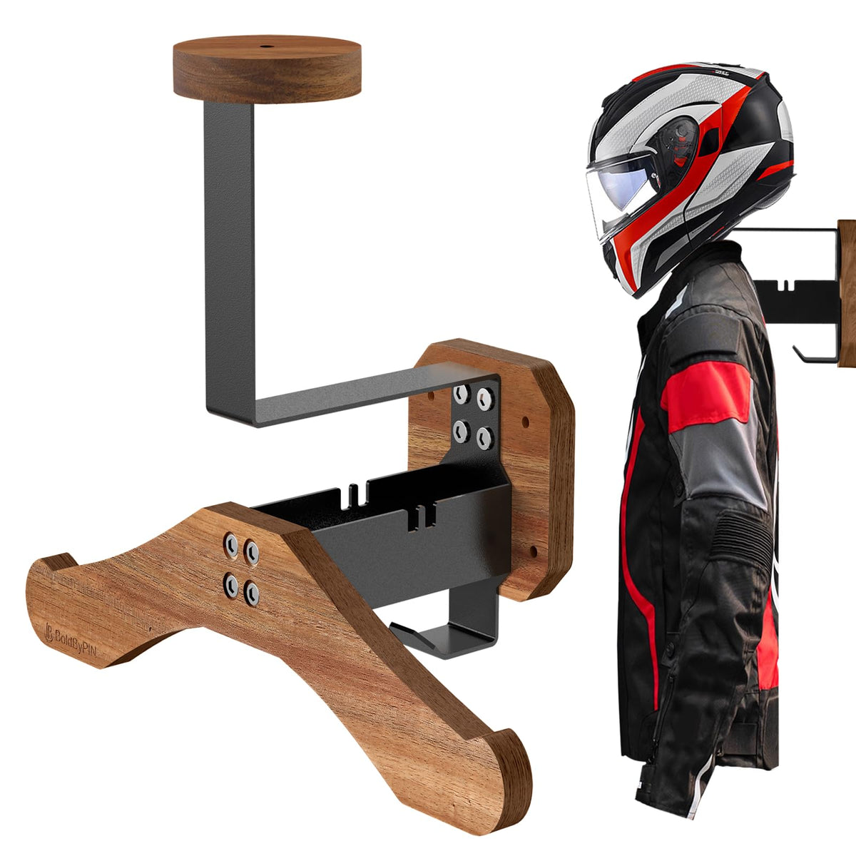 BoldByPIN motorcycle helmet holder wall mount with wood and steel for sturdy storage