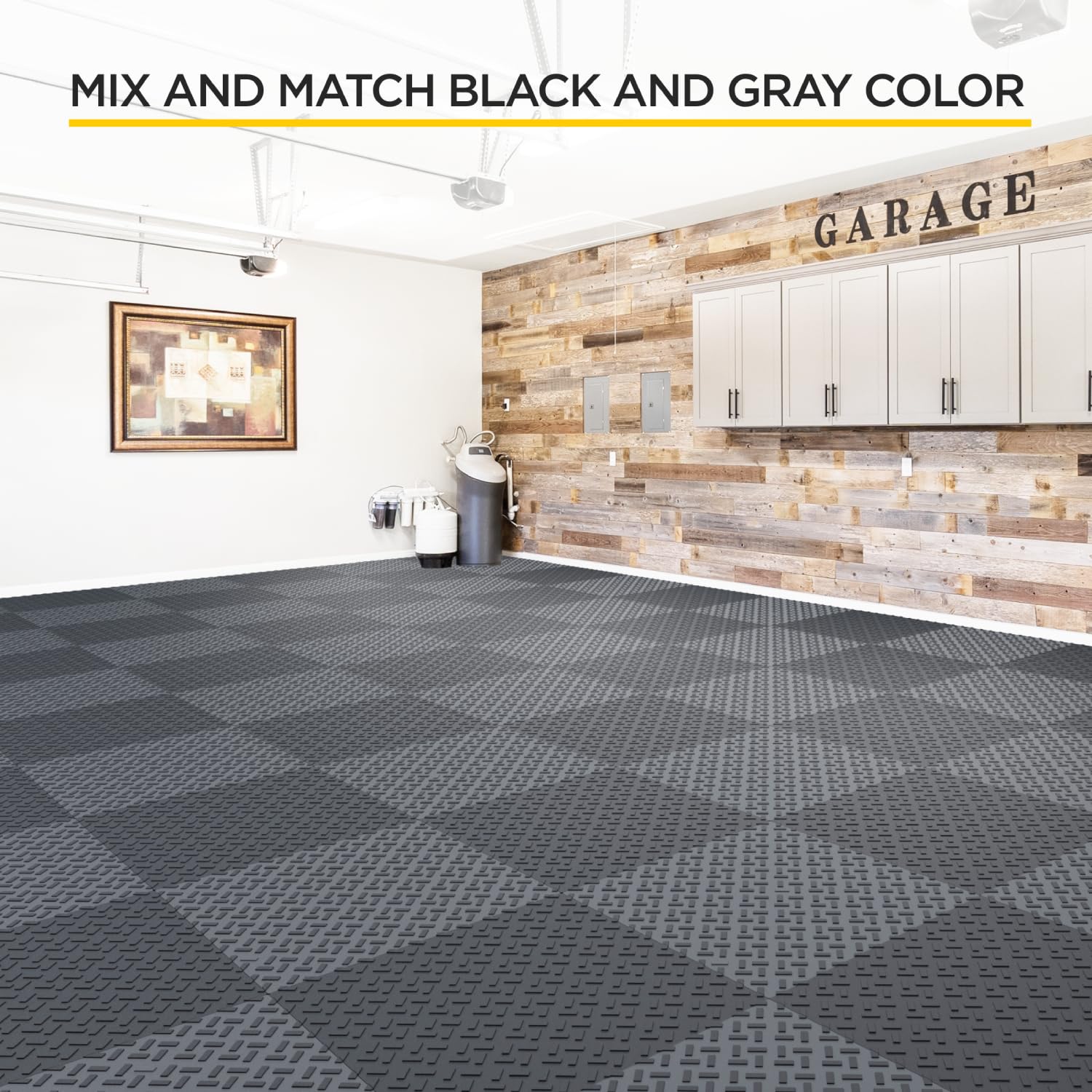 BoldWorks gray 12x12 inch tiles provide a uniform, rugged garage look
