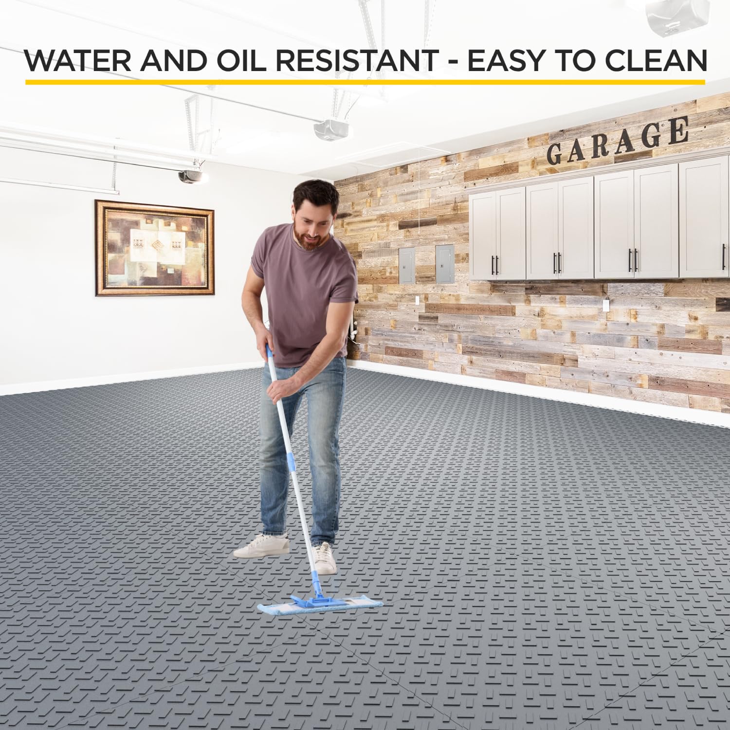 BoldWorks polypropylene tiles resist oil and stains for easy cleaning
