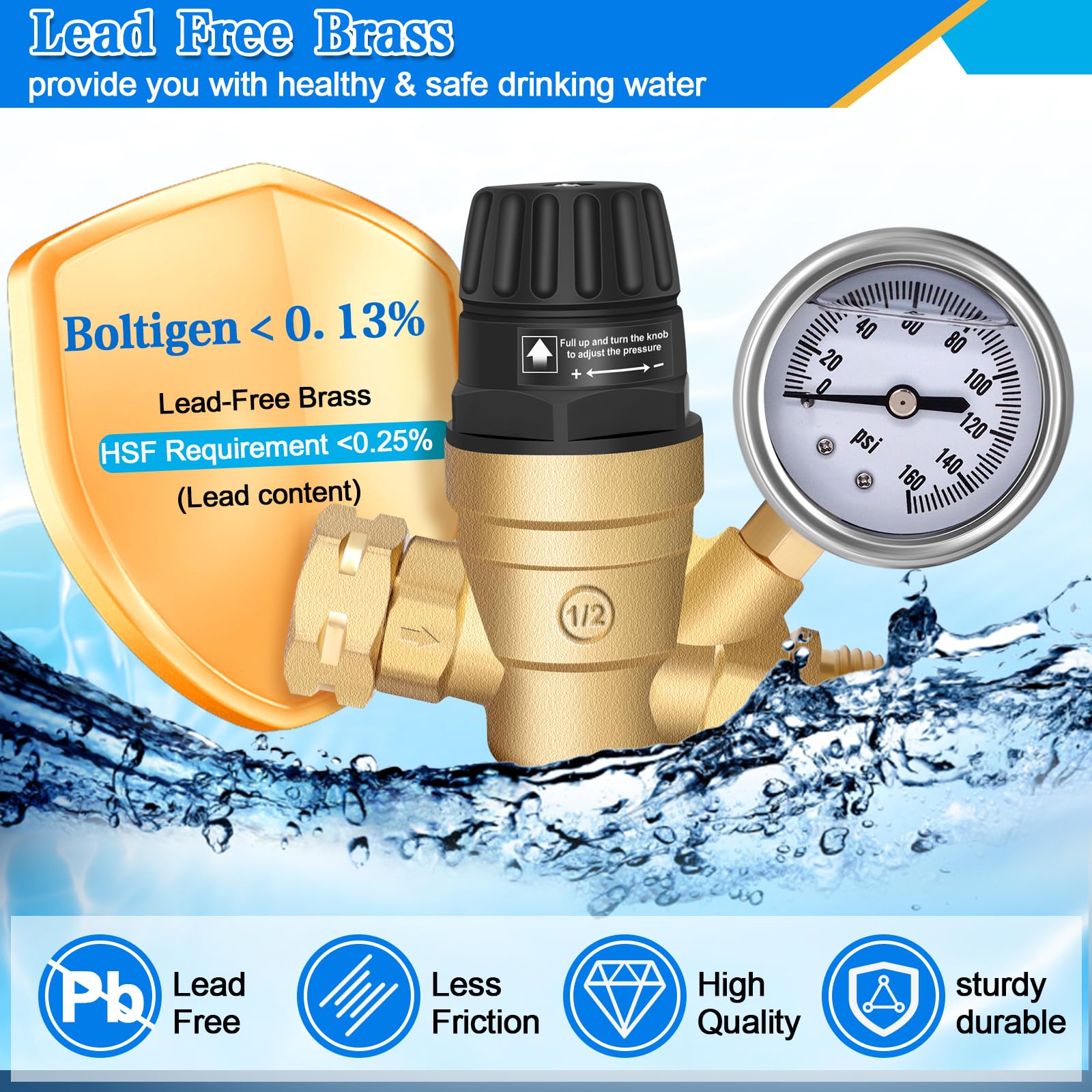 Boltigen regulator with standard 3/4-inch inlet and outlet for RV fittings
