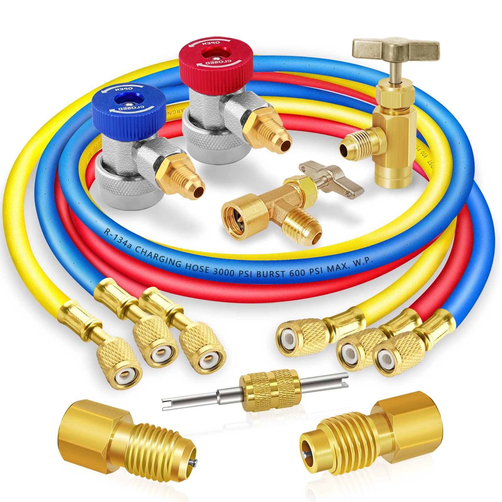 Boltigen AC manifold hose blue low-pressure line for precise readings and safe charging.