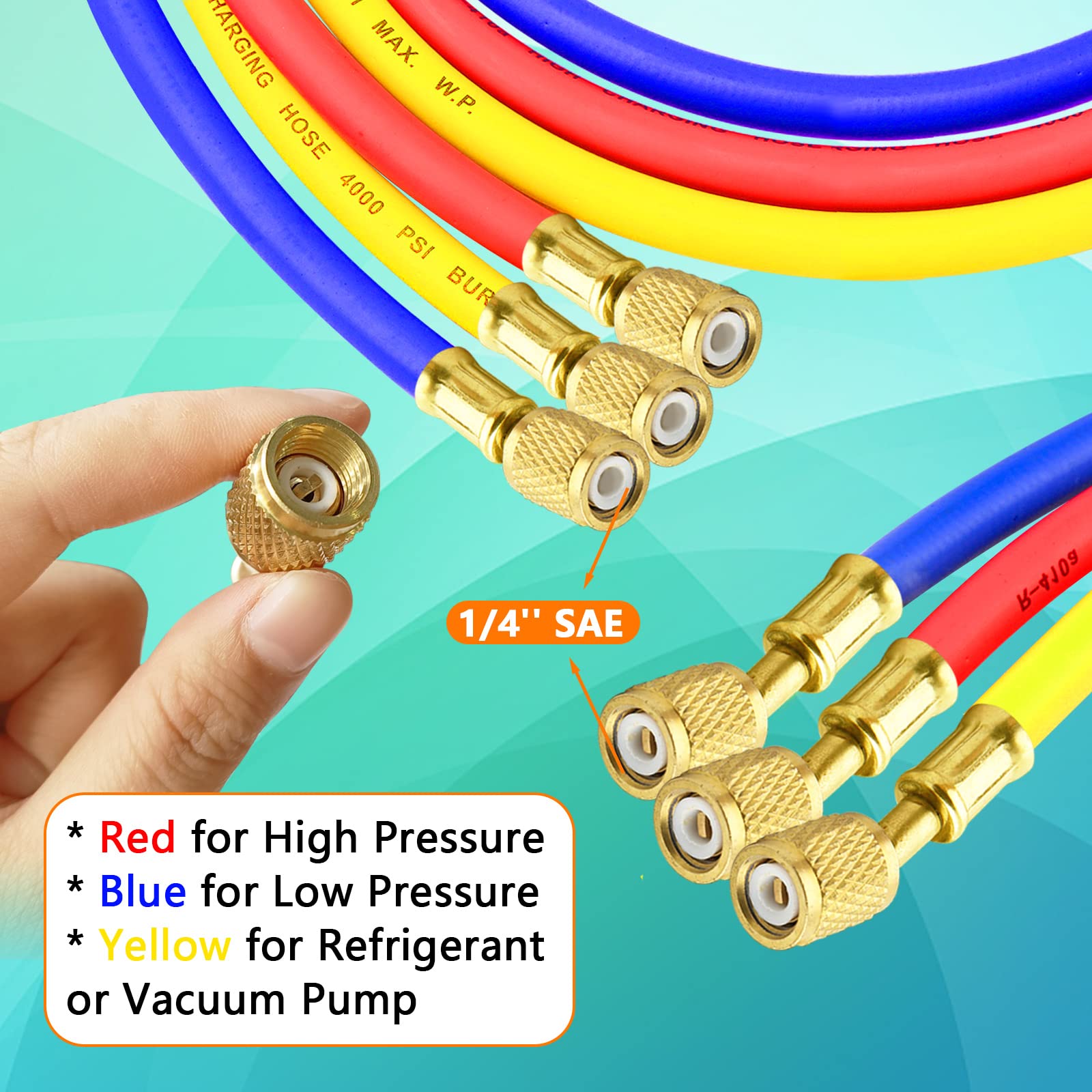 Boltigen AC manifold hose yellow charging line ideal for topping off refrigerant.