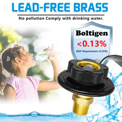 Boltigen brass body inlet emphasizes lead-free construction and durability.