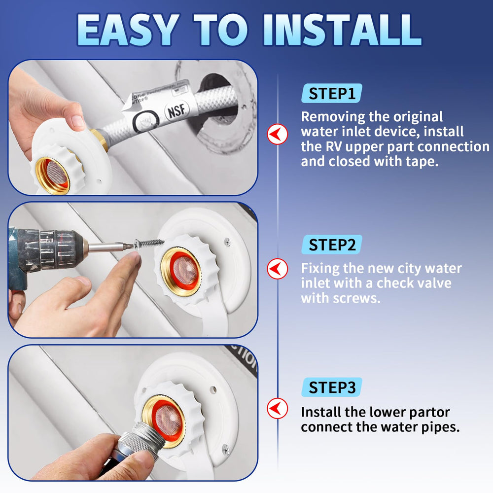 Boltigen easy-grip knob aids quick hose attachment for smooth RV water fills.