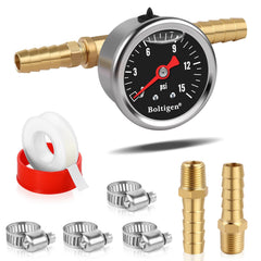 Boltigen fuel pressure gauge dial front with clear 0-15 psi readings for quick checks.