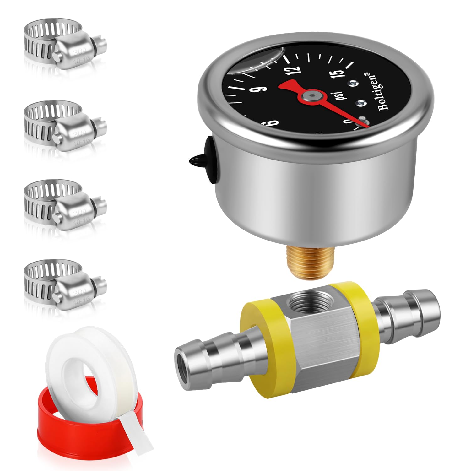 Boltigen fuel pressure gauge inline face with clear 0-15 psi scale.