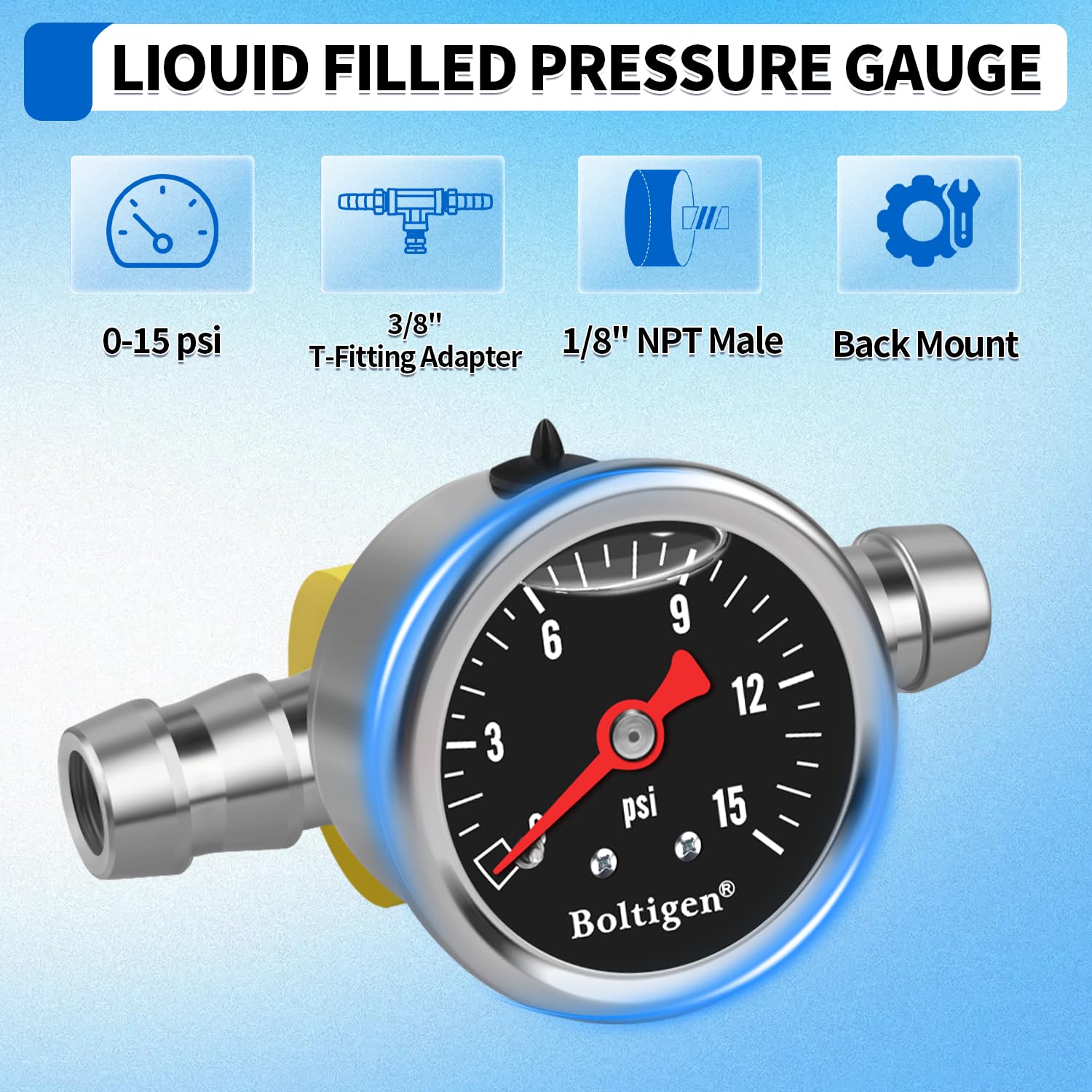 Boltigen glycerin-filled inline gauge tube for steady readings.