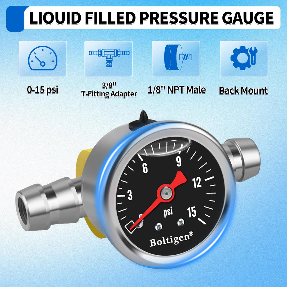 Boltigen glycerin-filled inline gauge tube for steady readings.