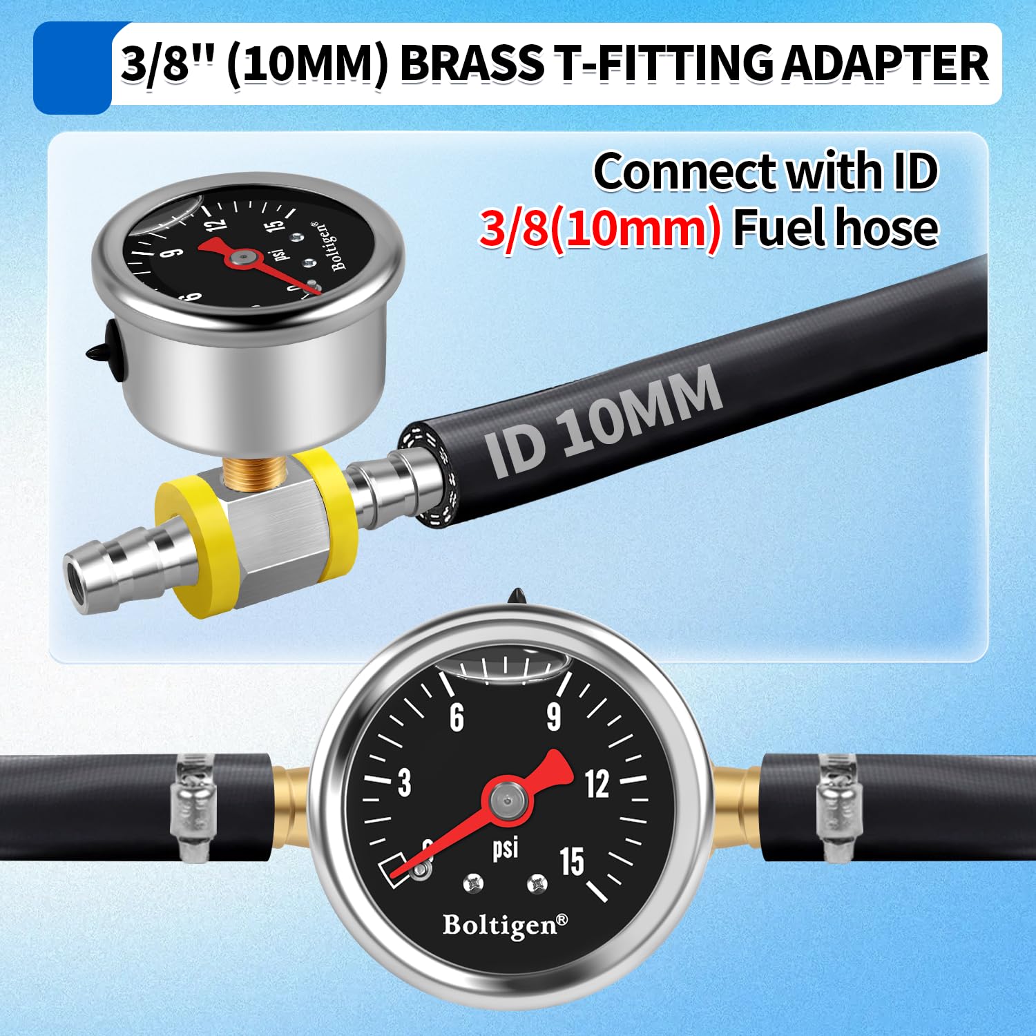Boltigen 0-15 psi scale enables quick pressure checks.