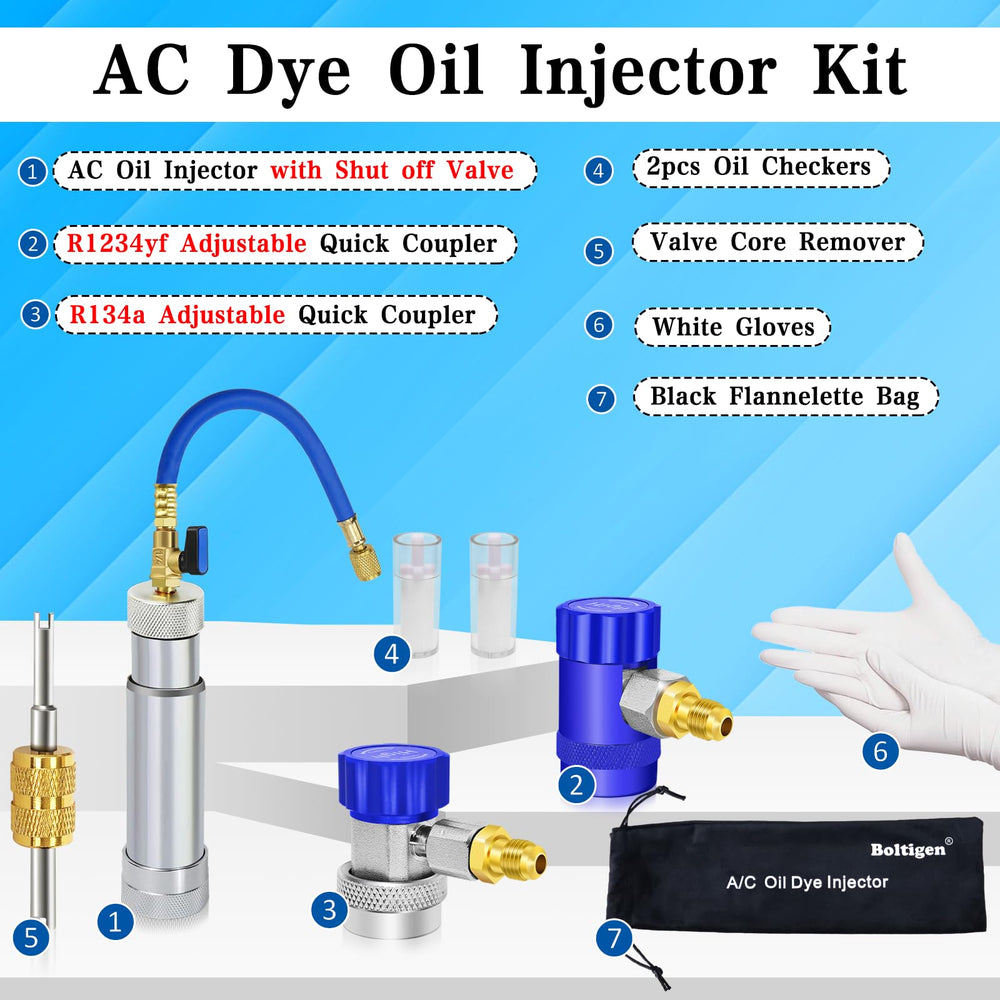 Boltigen R1234yf dye injector with shut-off valve provides precise refill control