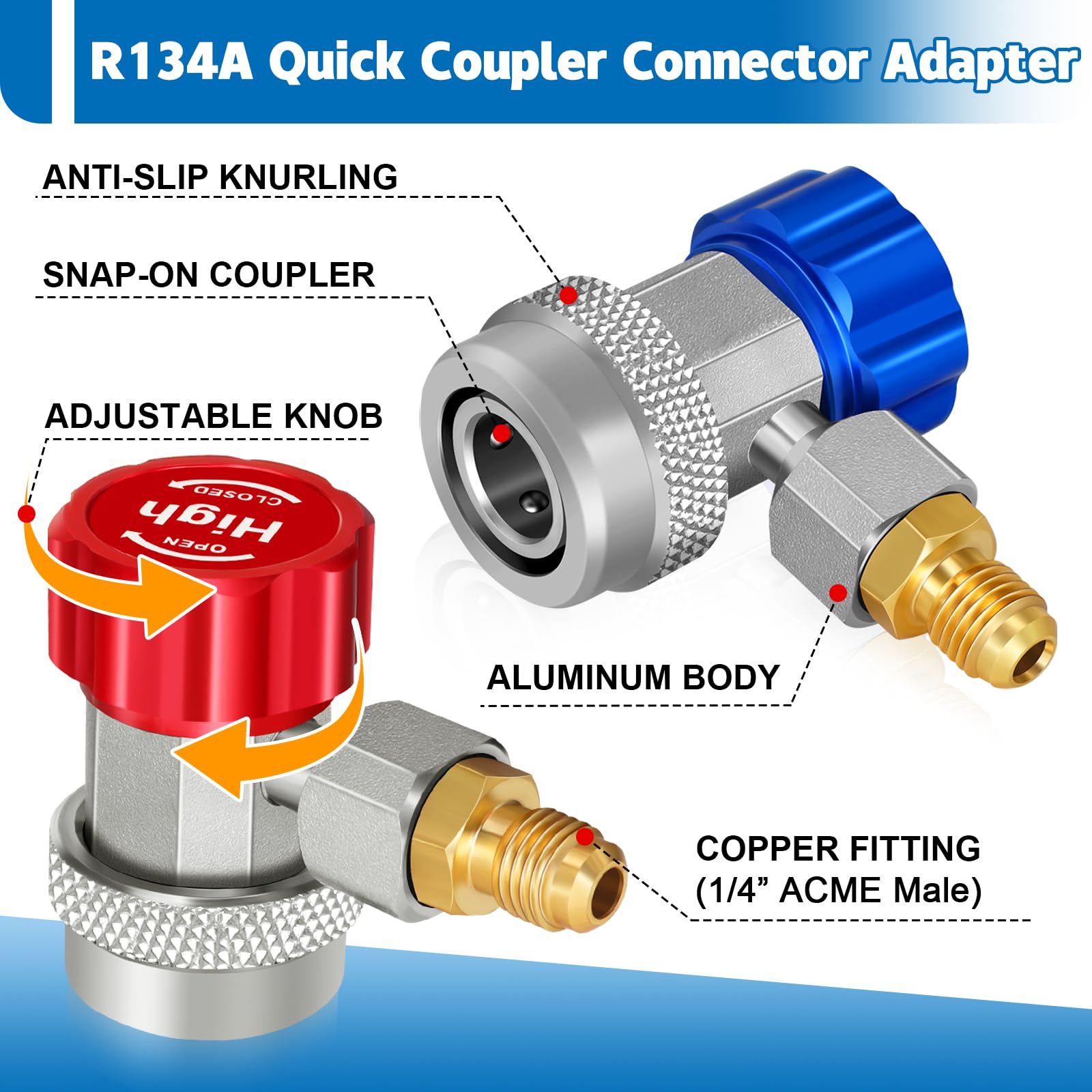 Boltigen R134a to R1234YF adapters close-up in brass and aluminum materials