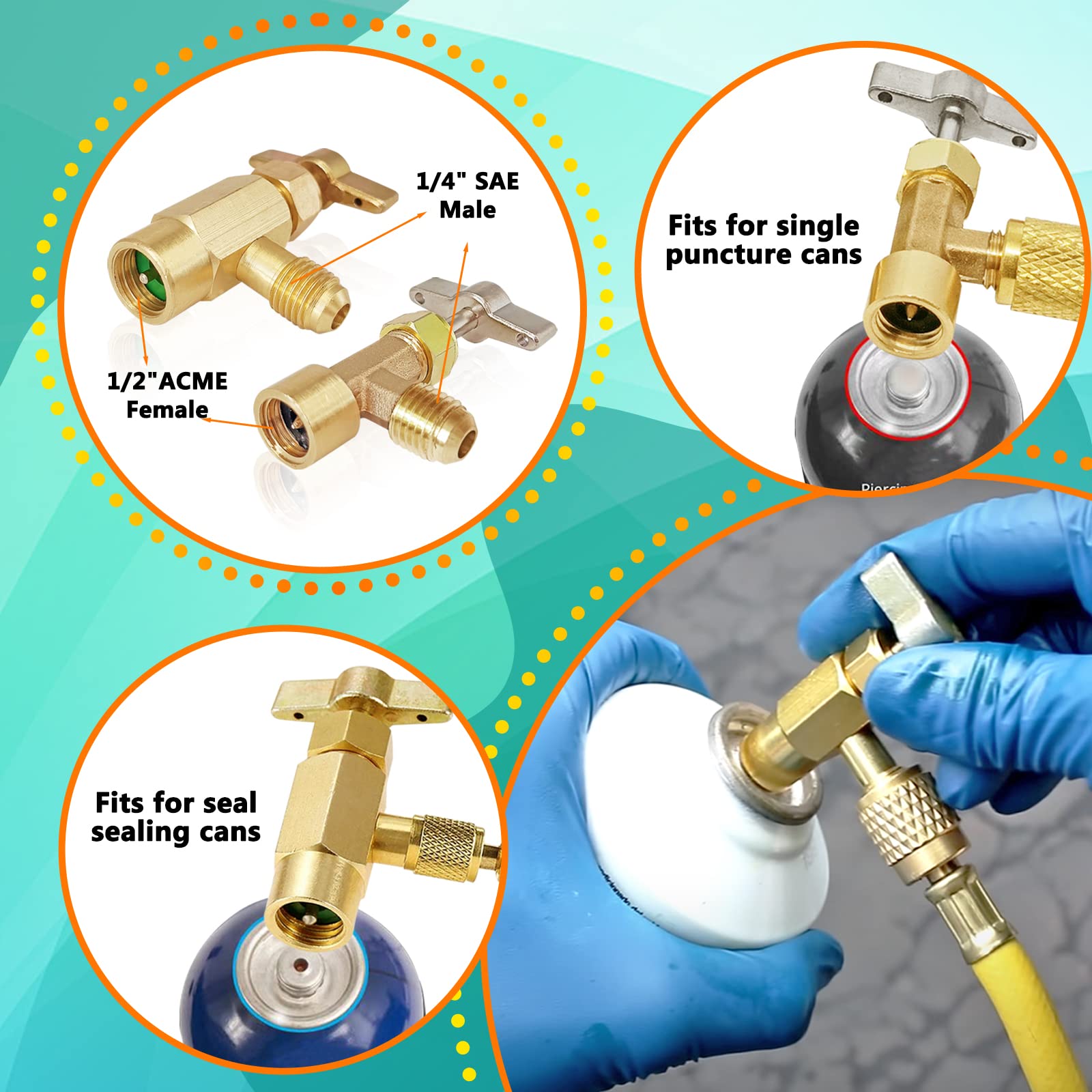 Boltigen refrigerant tank adapters 1/2 to 1/4 flexible charging options.