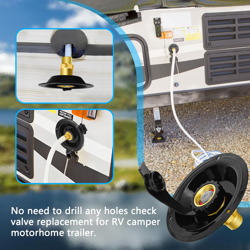 Boltigen RV inlet installation in the fresh water line simplifies camping setup.