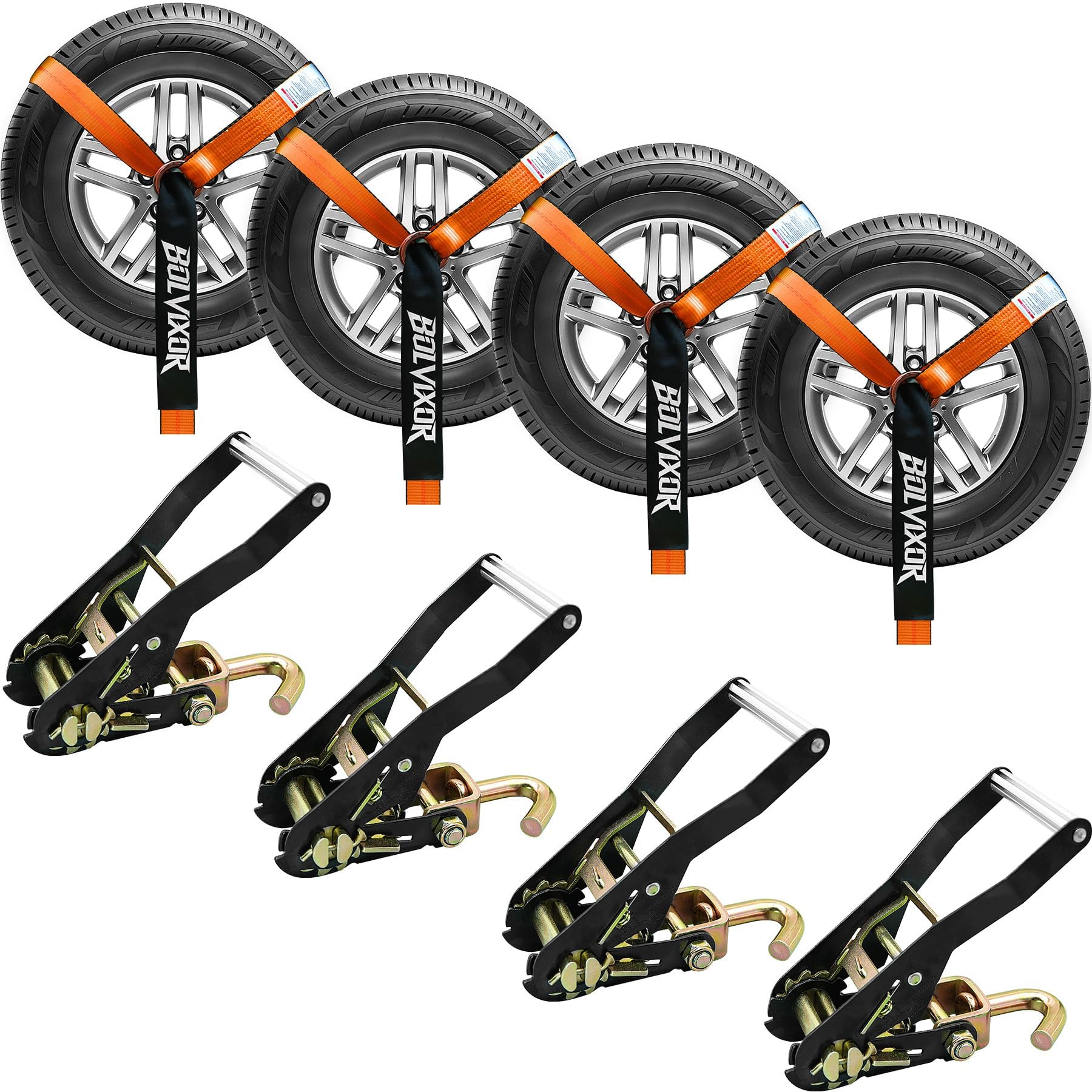 Bolvixor four-pack tie-down straps securing a car on a trailer for safe transport