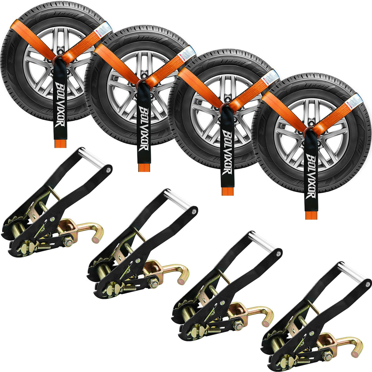 Bolvixor four-pack tie-down straps securing a car on a trailer for safe transport