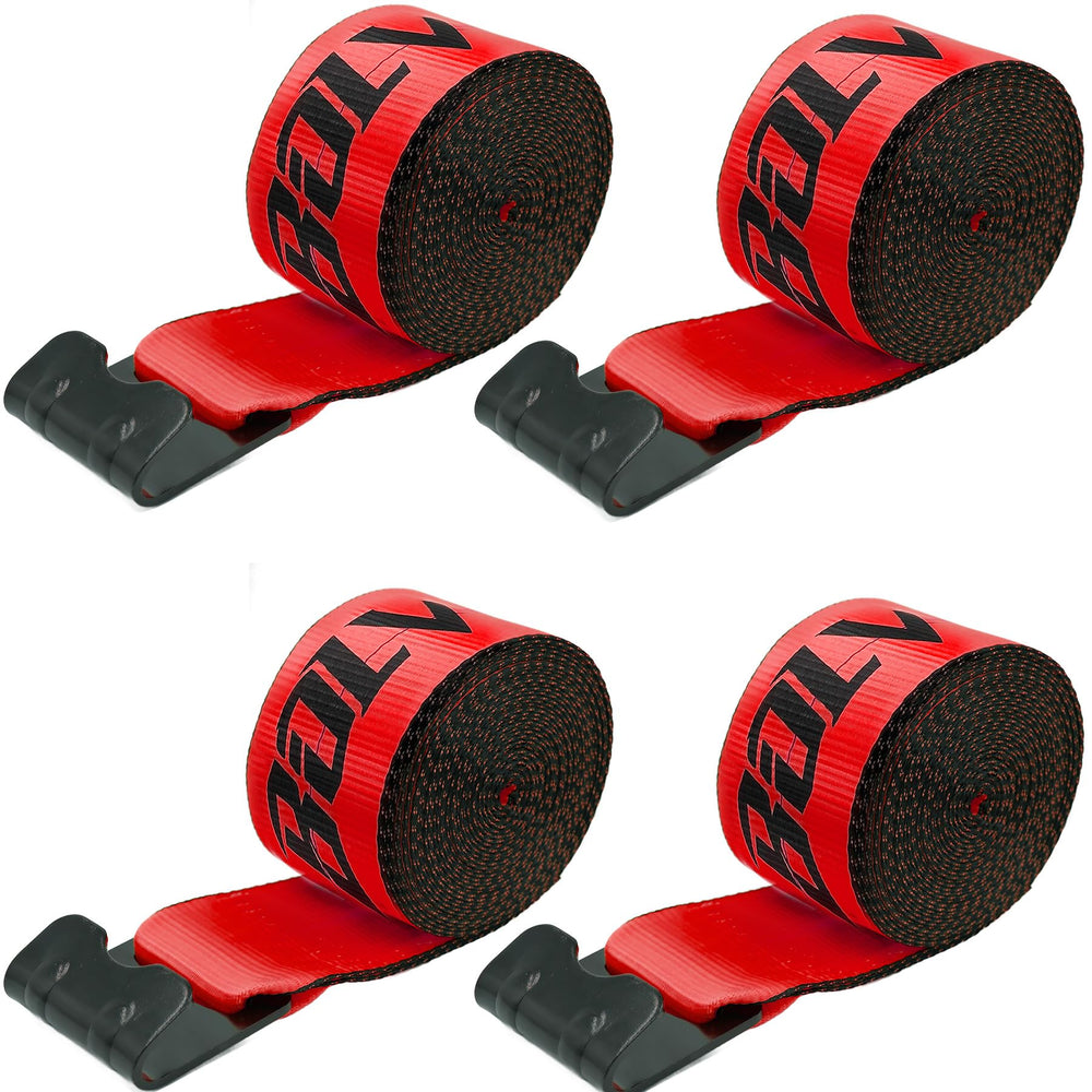 Bolvixor winch strap with flat hooks secures cargo on flatbeds.