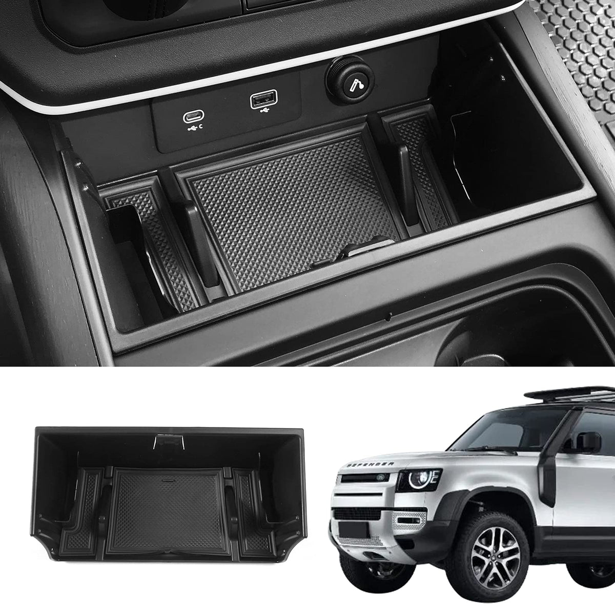 Bomely Defender center console tray fits 2020–2024 Defender for tidy, accessible storage.