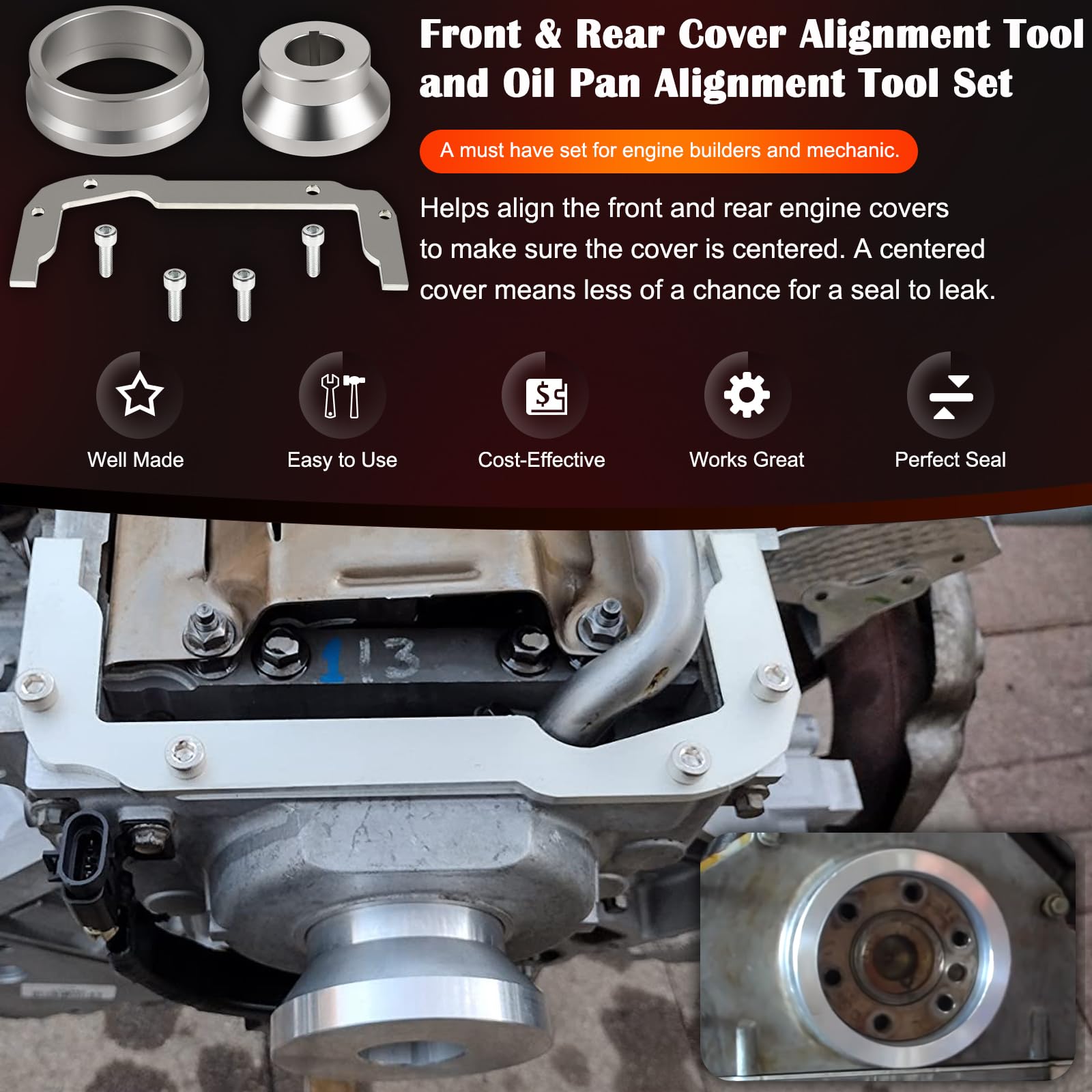 Bonbo oil-pan alignment tool guiding pan installation for LS builds.