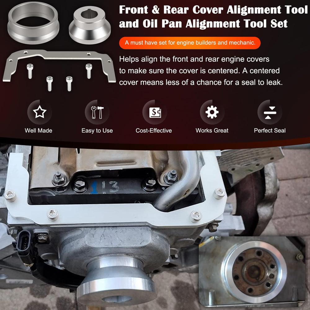 Bonbo oil-pan alignment tool guiding pan installation for LS builds.