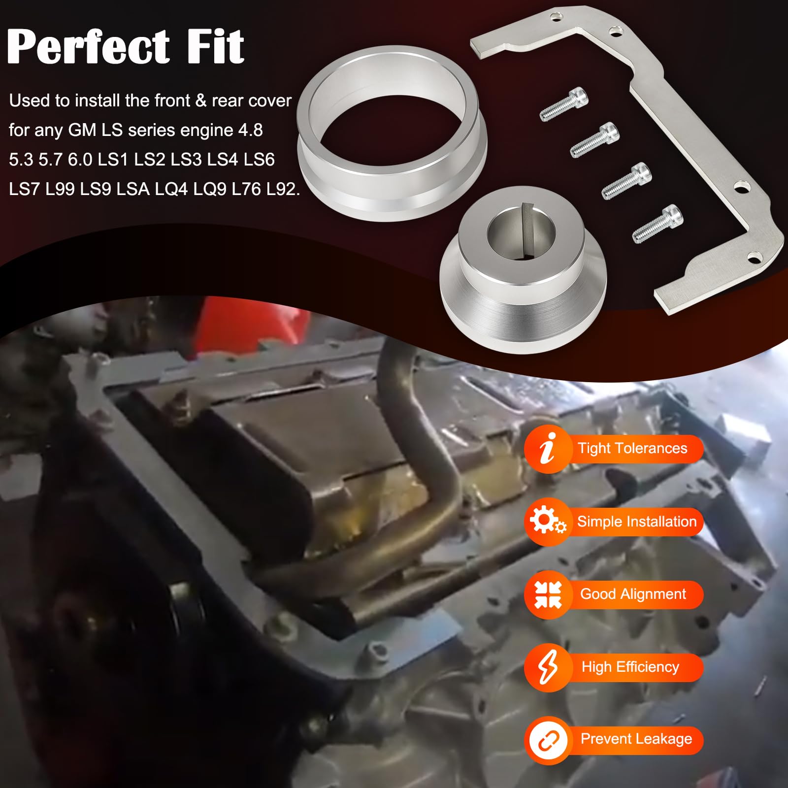 Bonbo rear-cover alignment tool aligning the rear seal area on LS engines.