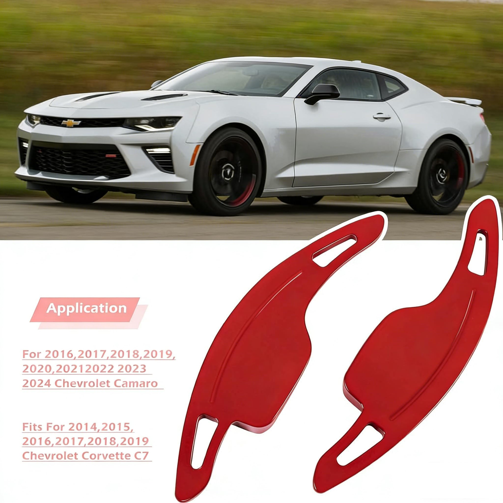 Bonbo red aluminum shift paddle extension for Corvette C7 interior styling update.