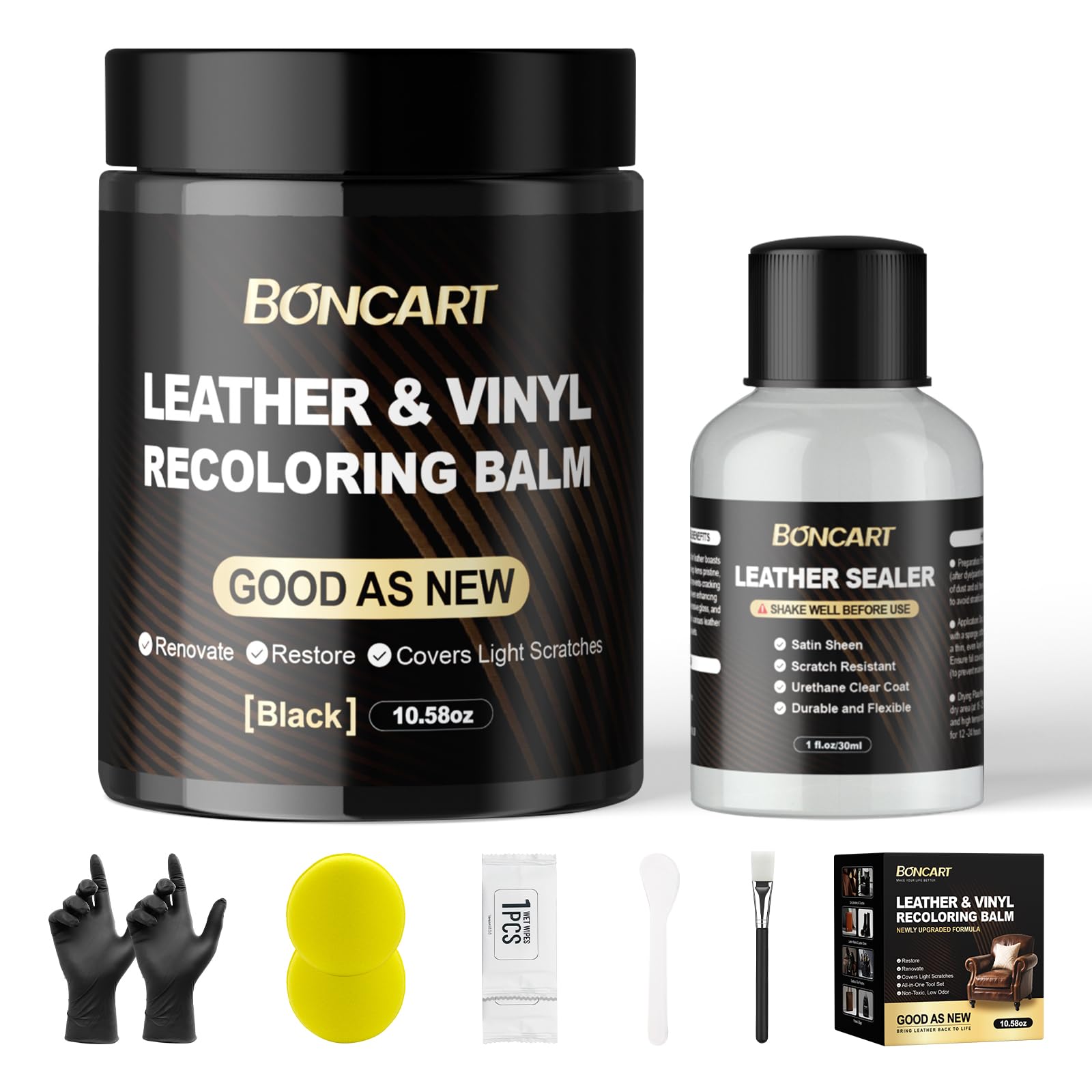 Boncart Leather Recoloring Balm kit front view for easy at-home color refresh.