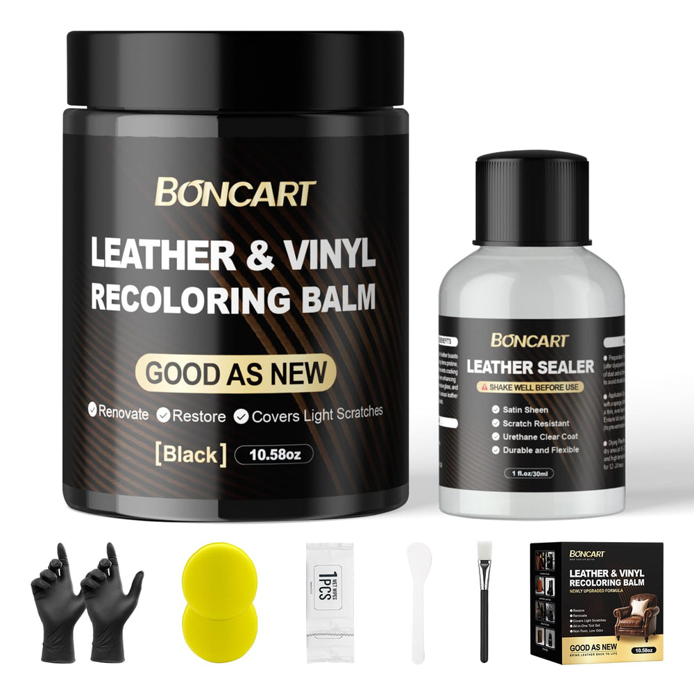 Boncart Leather Recoloring Balm kit front view for easy at-home color refresh.