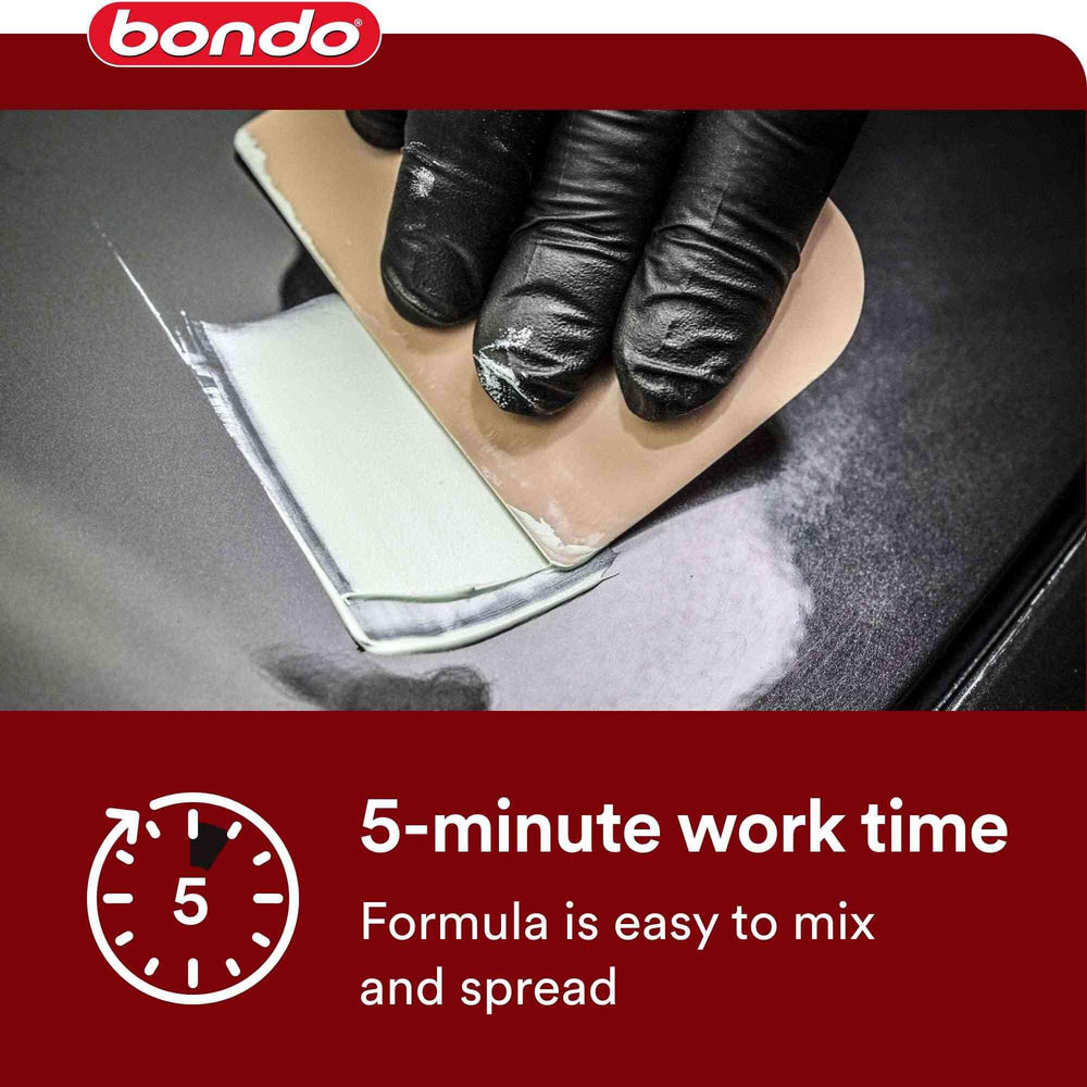 Bondo Glazing & Spot Putty applying on fiberglass highlights versatile repair on panels.