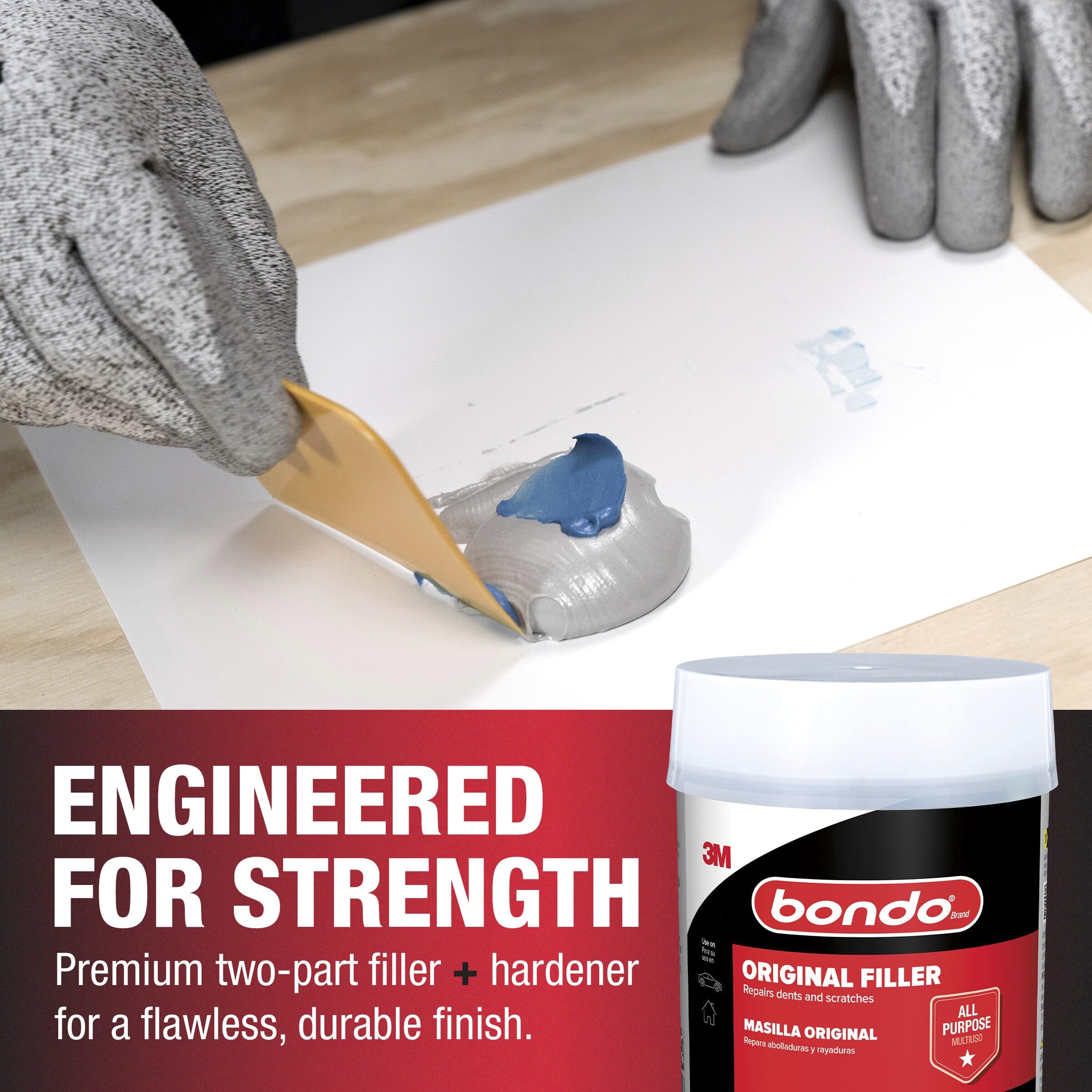 Bondo two-part mixture in tin enables smooth, easy spreading.