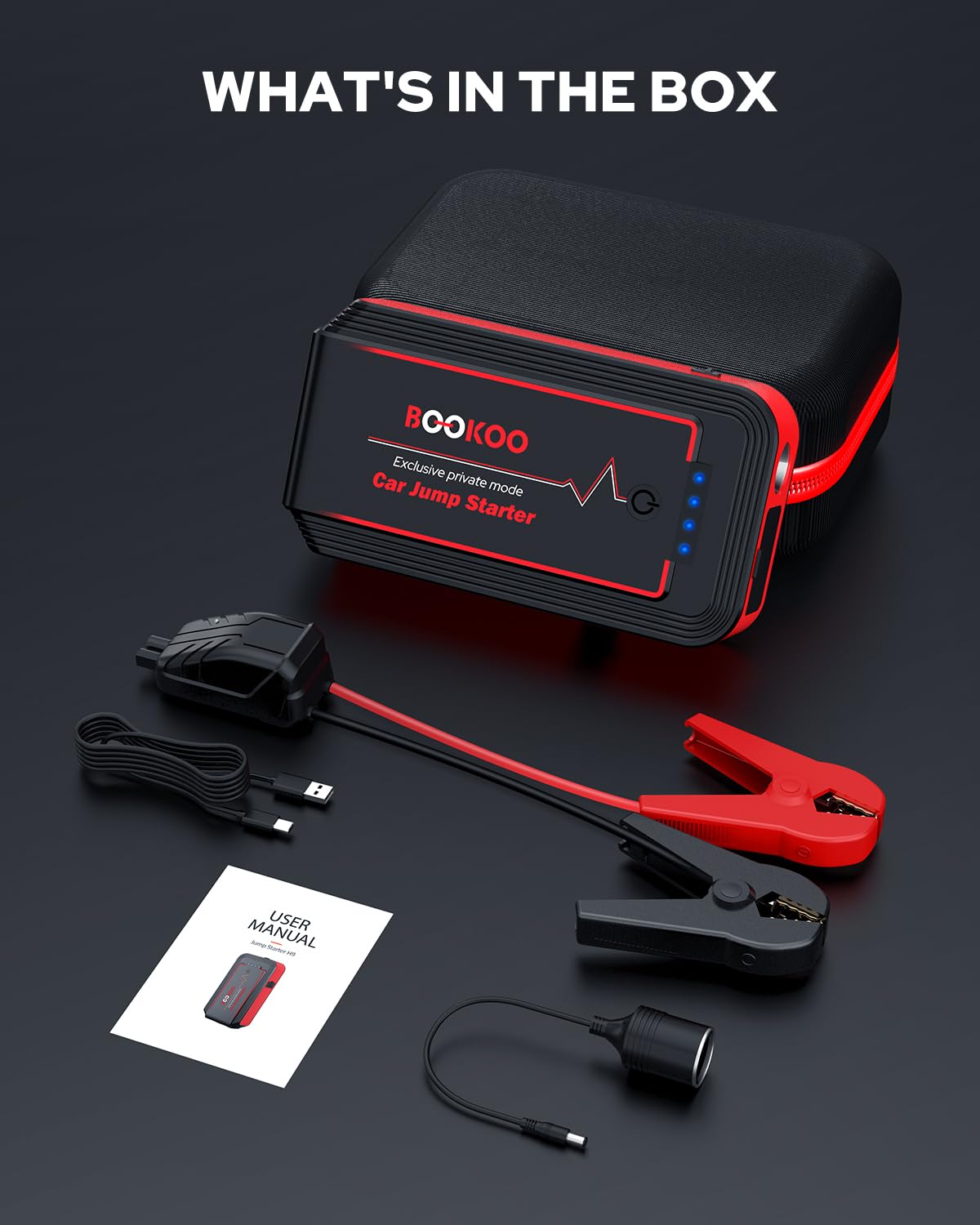 BOOKOO H9 in-car emergency use shows portable power ready.