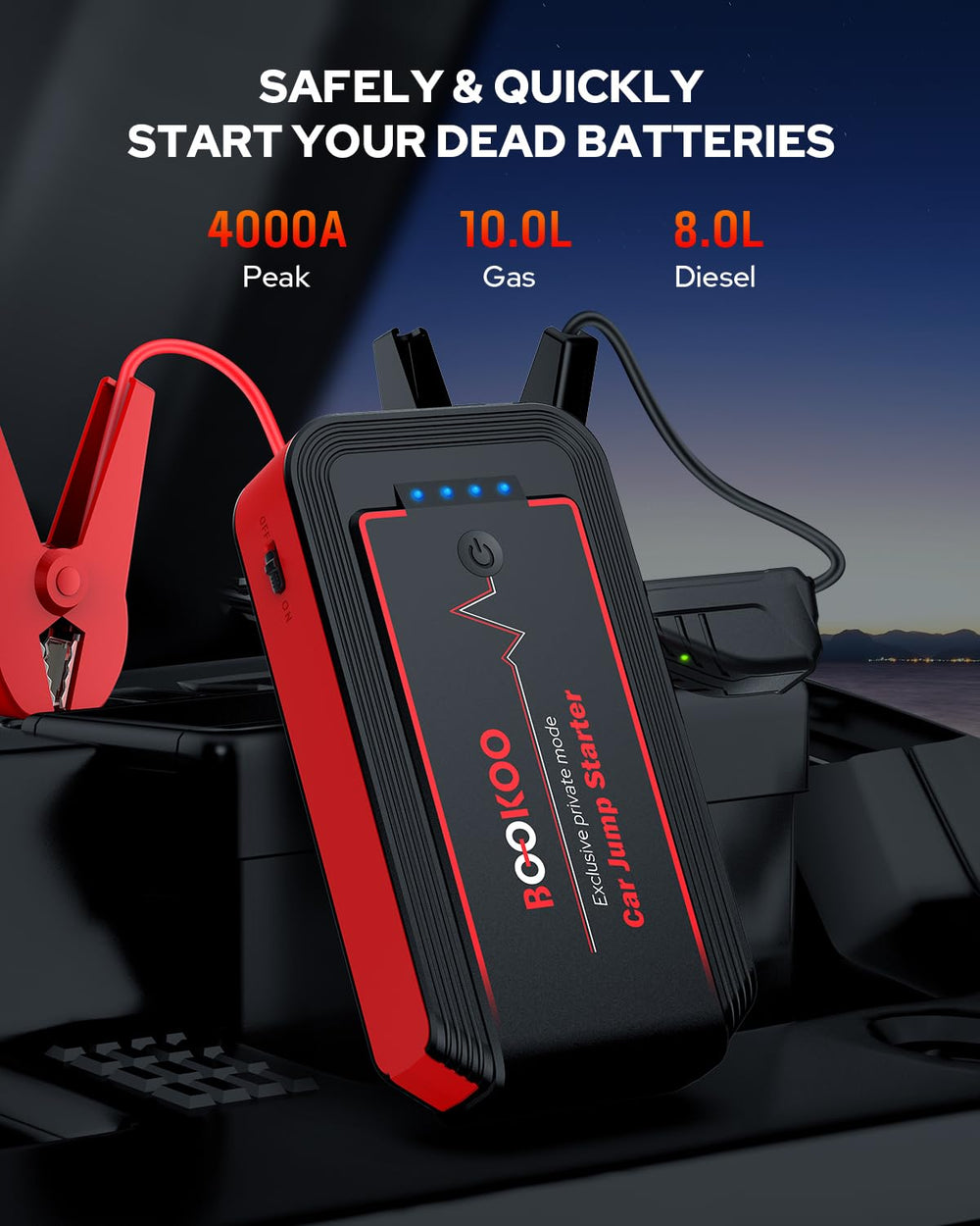 BOOKOO H9 jump starter side view highlights compact design for easy storage.