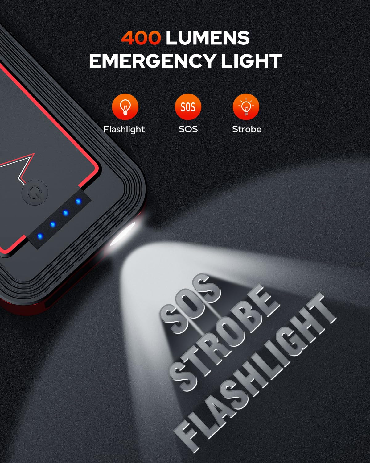 BOOKOO H9 LED light close-up provides visibility during emergencies or night starts.