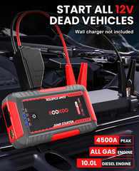 BOOKOO Jump Starter 4500A with cables attached for quick engine start in roadside emergencies.