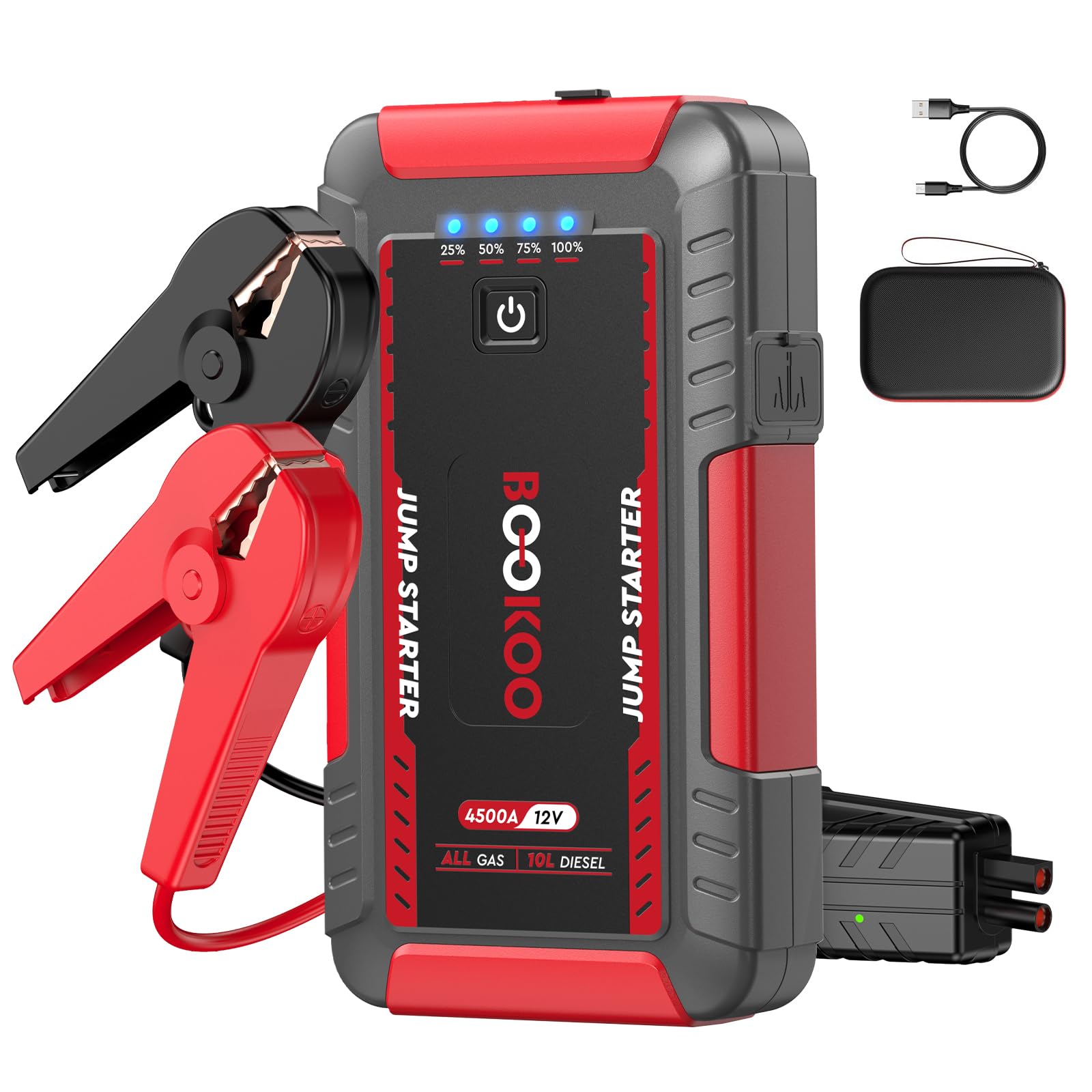 BOOKOO Jump Starter 4500A front view showing ready-to-use emergency power for vehicles.