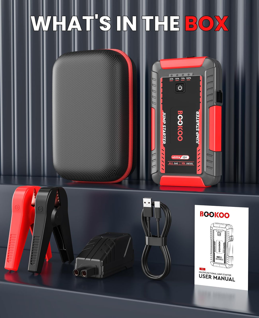 BOOKOO Jump Starter 4500A included accessories ensure ready roadside support.