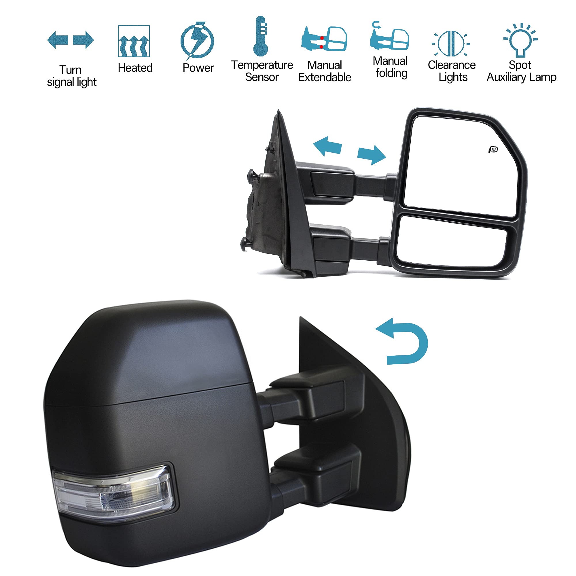 BOOLEE towing mirror right assembly for Ford Super Duty enhances lane changes