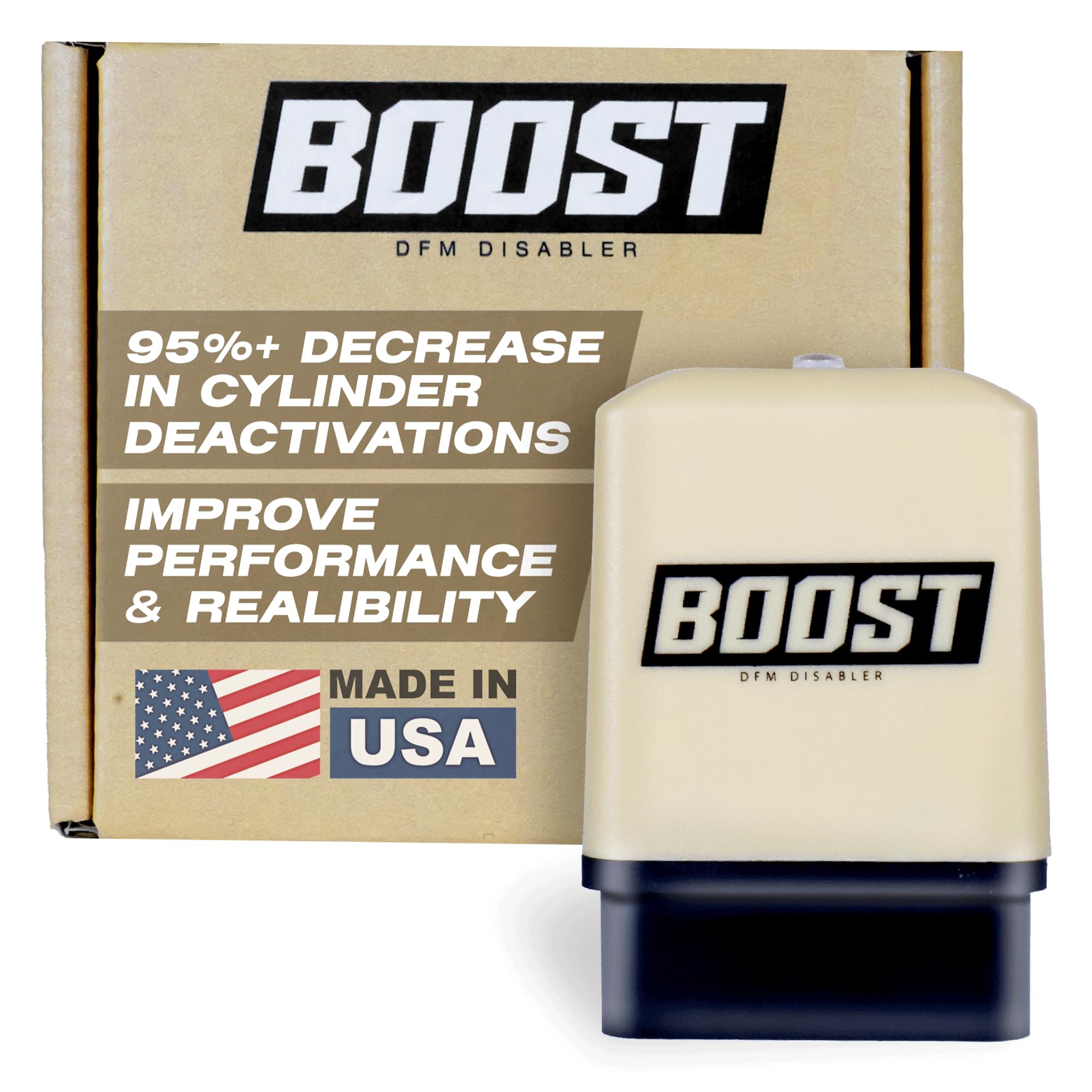 Boost DFM Disabler connected to the OBD port for easy plug-and-play installation and reliability.