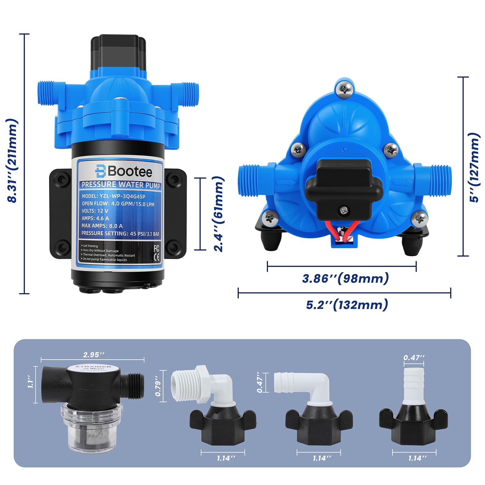 Bootee 12V RV water pump side view for simple RV plumbing installation.
