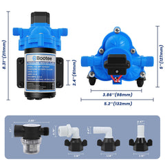 Bootee 12V RV water pump side view for simple RV plumbing installation.