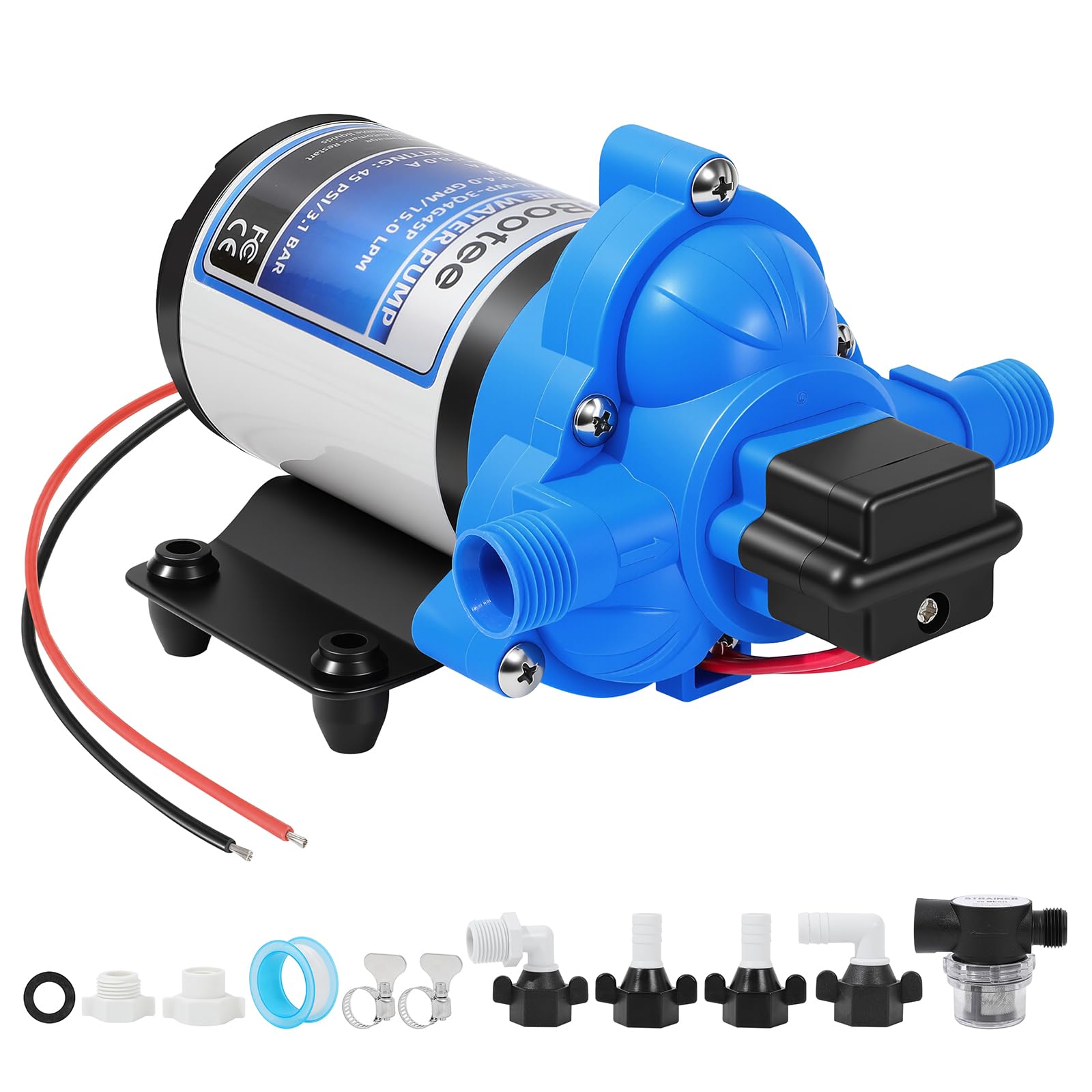 Bootee 12V RV water pump top view shows compact mounting for RVs.