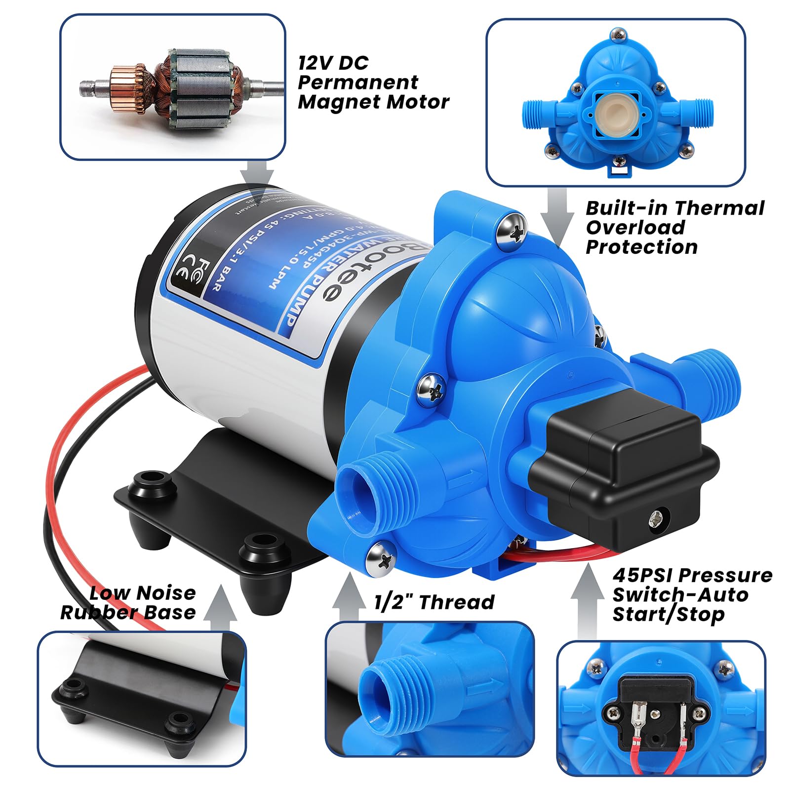 Bootee 12V RV water pump close‑up on 45 PSI automatic switch.